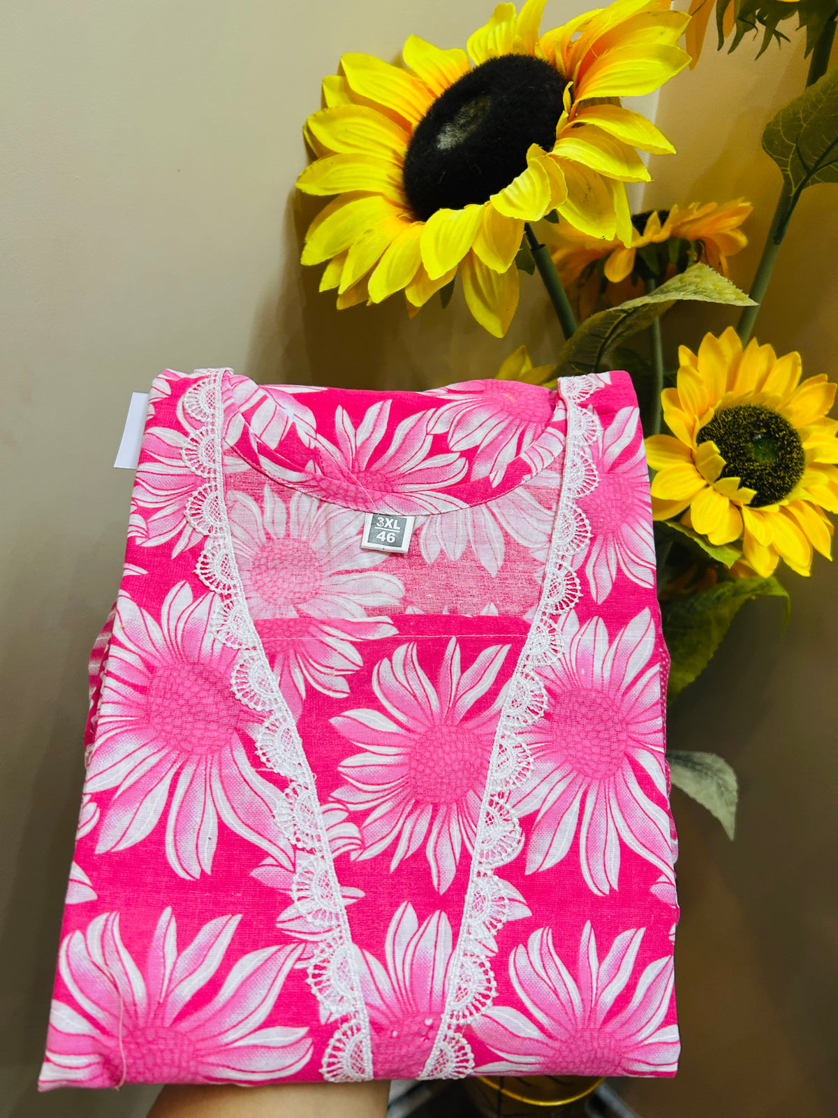 Sunflower Print Cotton Kurta Set with Lace Neckline & Striped Dupatta