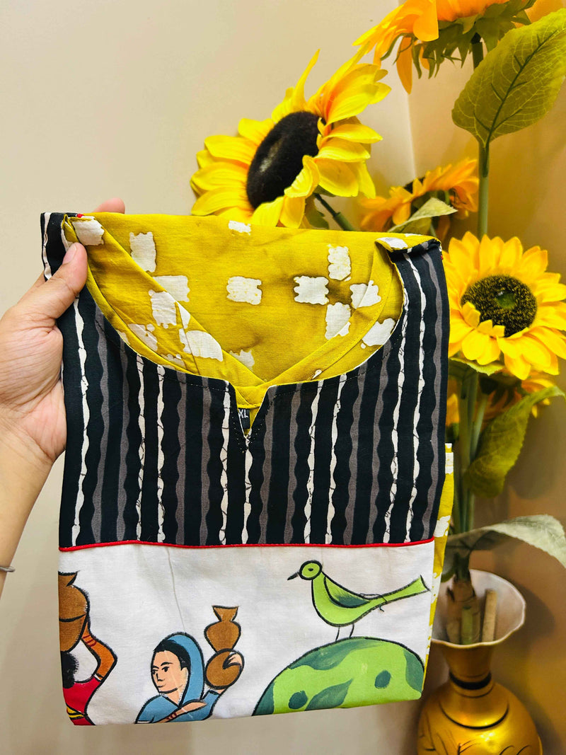 Batik Print Cotton Kurta with Village Life Patch Panel