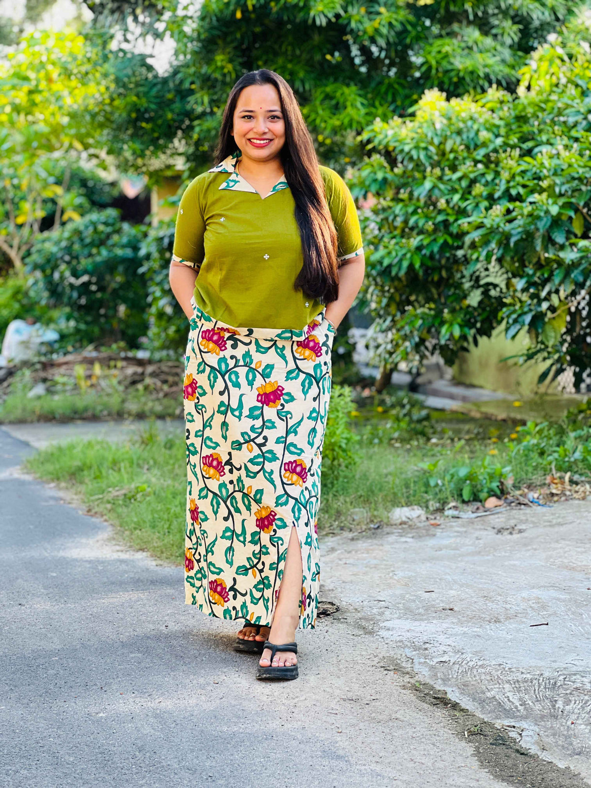Soft Handloom Cotton Top & Kalamkari Skirt Co-ord Set with Collar Detail
