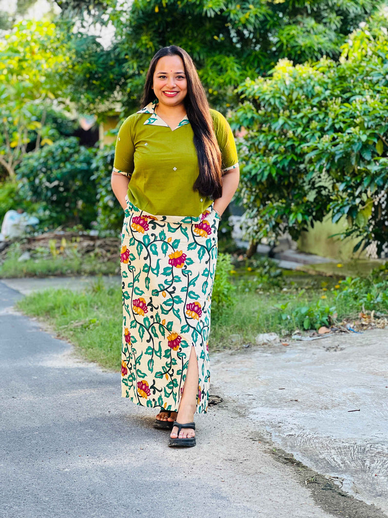 Soft Handloom Cotton Top & Kalamkari Skirt Co-ord Set with Collar Detail