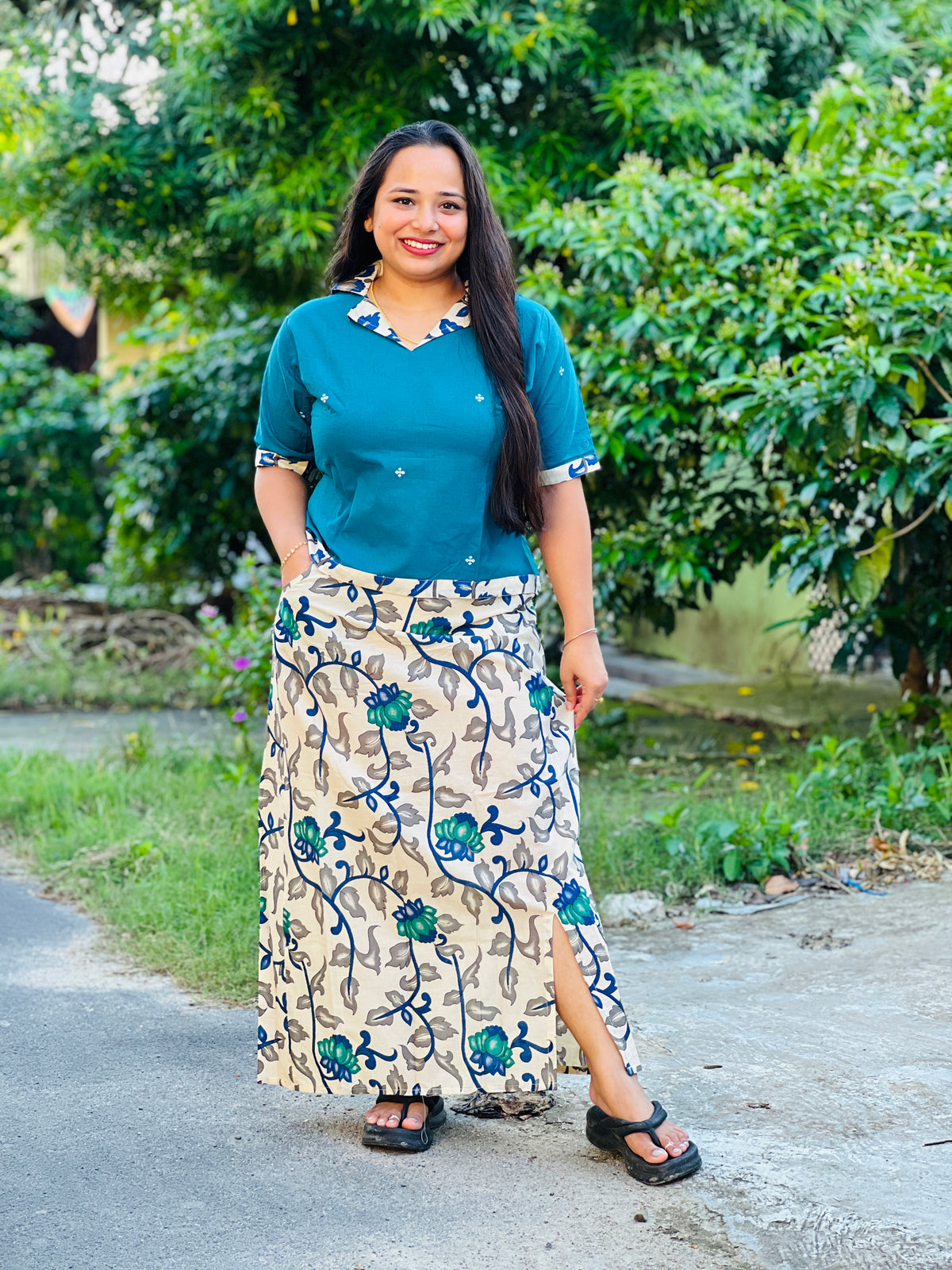 Soft Handloom Cotton Top & Kalamkari Skirt Co-ord Set with Collar Detail