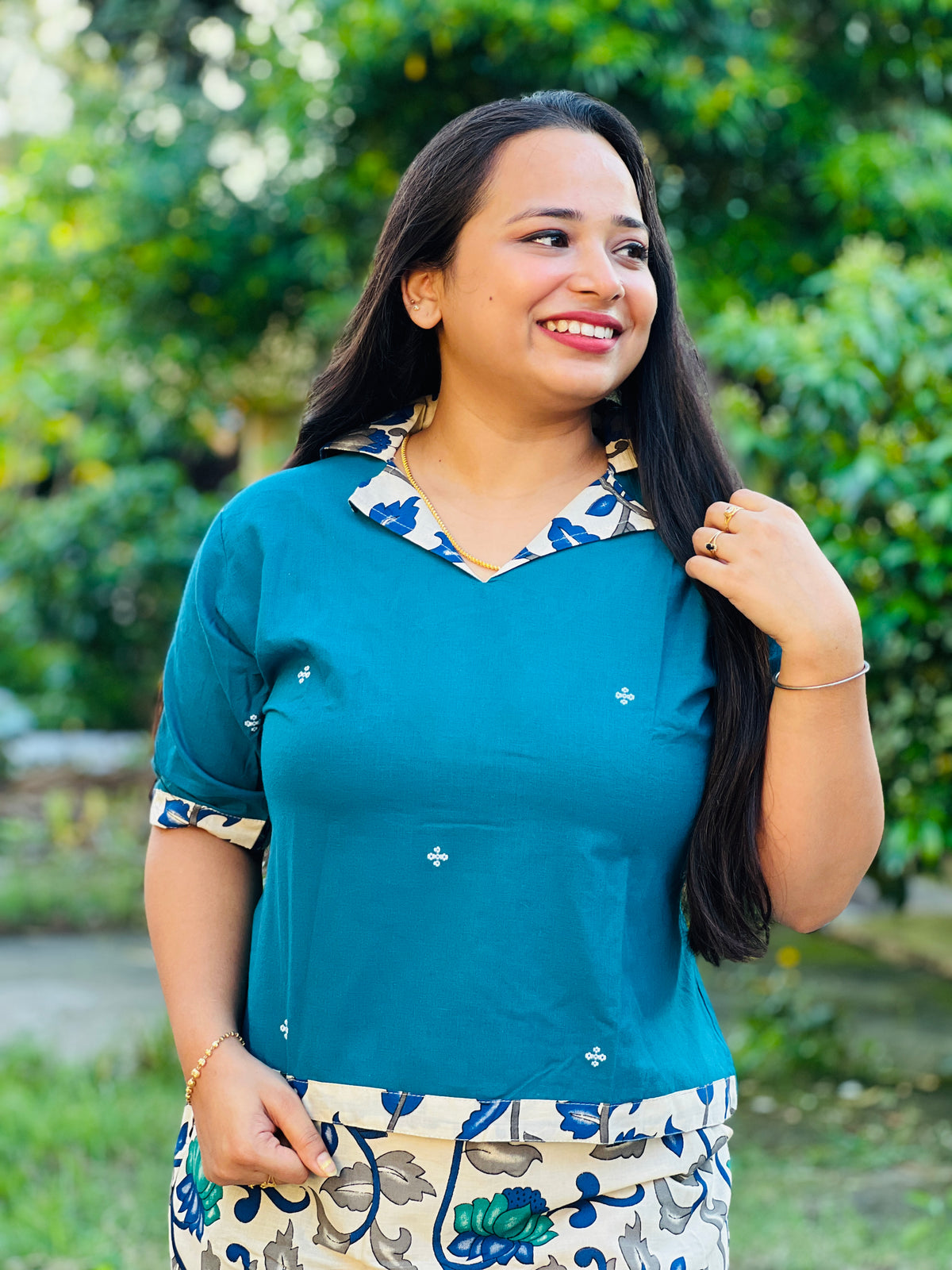 Soft Handloom Cotton Top & Kalamkari Skirt Co-ord Set with Collar Detail