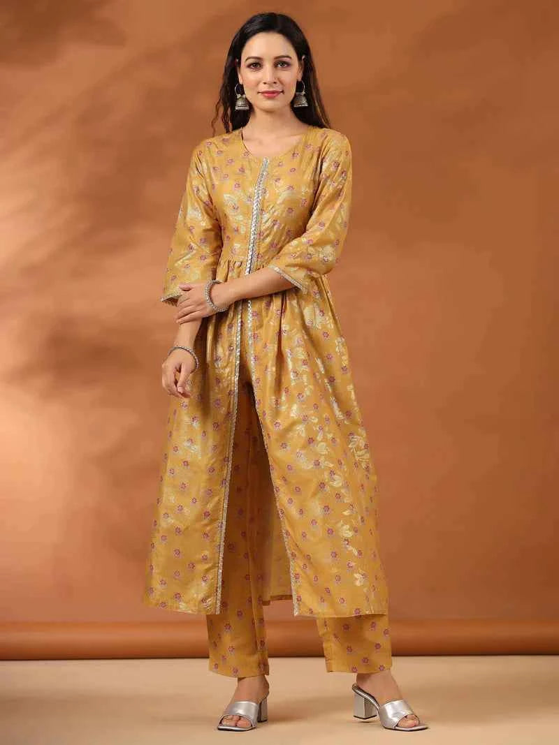 Mustard Gathered Kurta With Pants