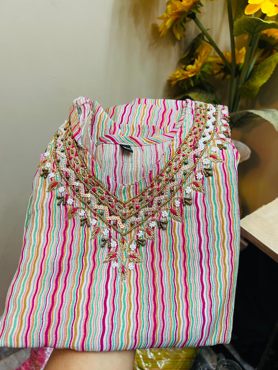 Colorful Kurta with Heavy Beaded & Sequin Necklace-Style Embroidery