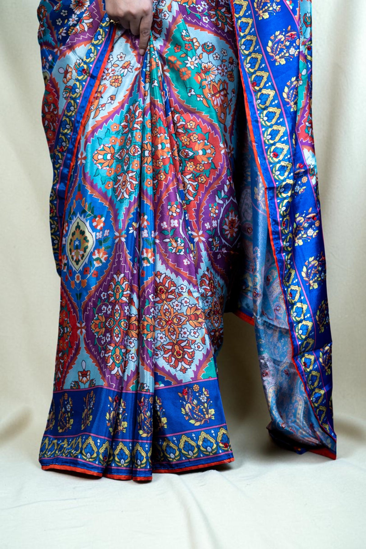 Multicolour Digital-Print Chinon Saree with  Border Exclusive Fancy Sarees
