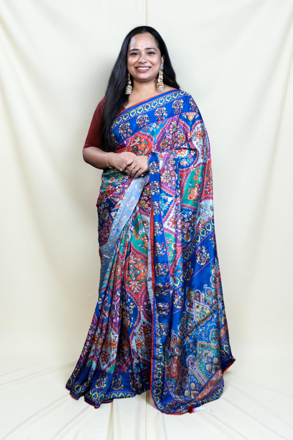 Multicolour Digital-Print Chinon Saree with  Border Exclusive Fancy Sarees